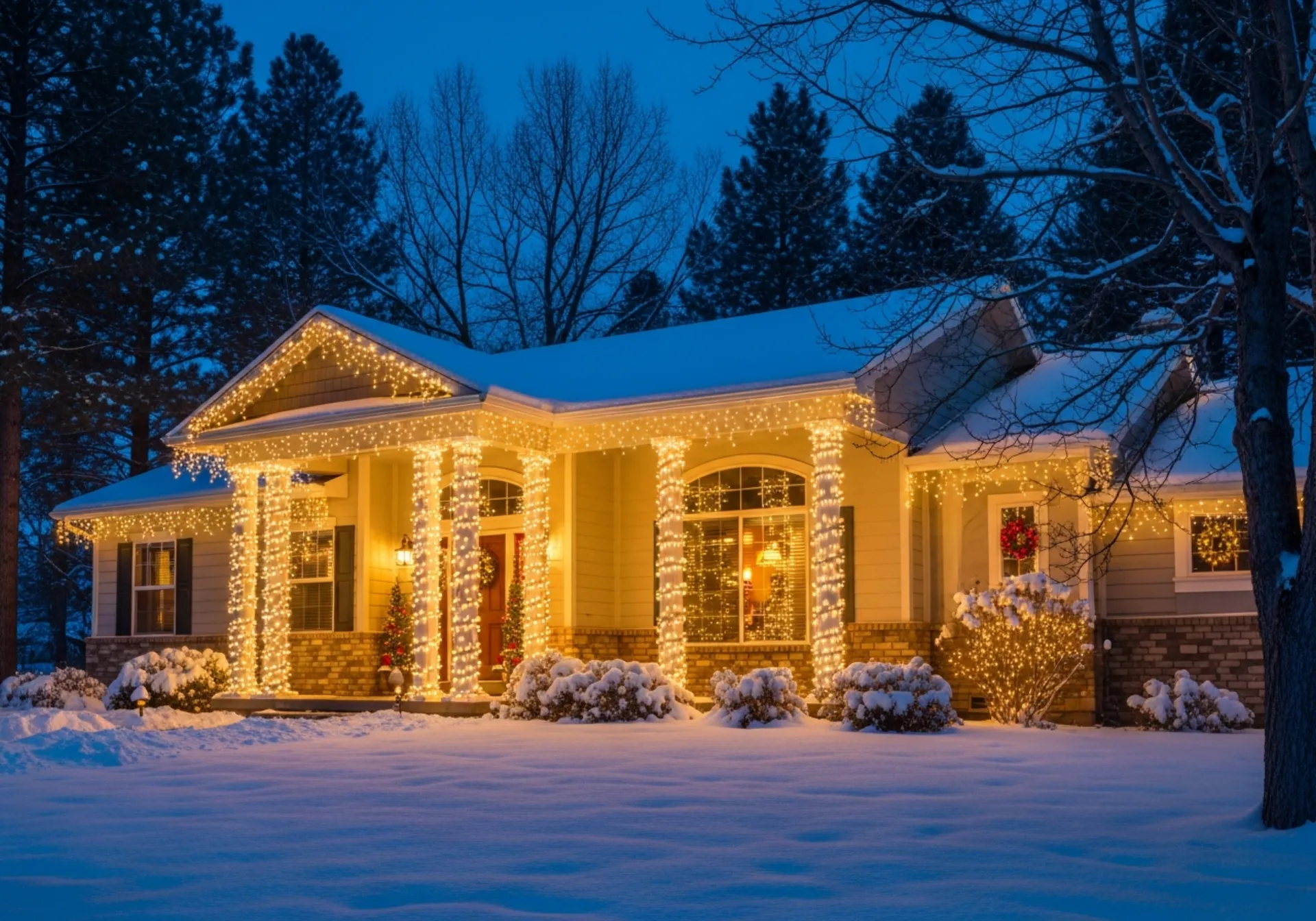 Ranch home detailed holiday lights